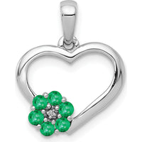14K White Gold Emerald and Diamond Heart Flower Pendant with Rhodium Plating by Lumare Gioia