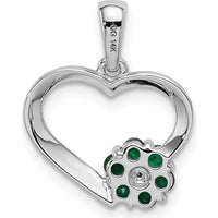 14K White Gold Emerald and Diamond Heart Flower Pendant with Rhodium Plating by Lumare Gioia