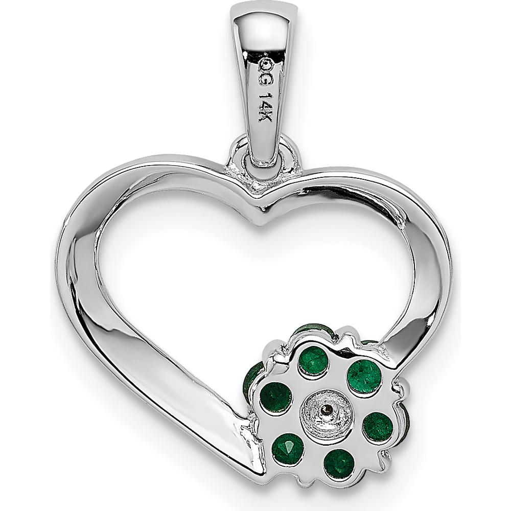 14K White Gold Emerald and Diamond Heart Flower Pendant with Rhodium Plating by Lumare Gioia