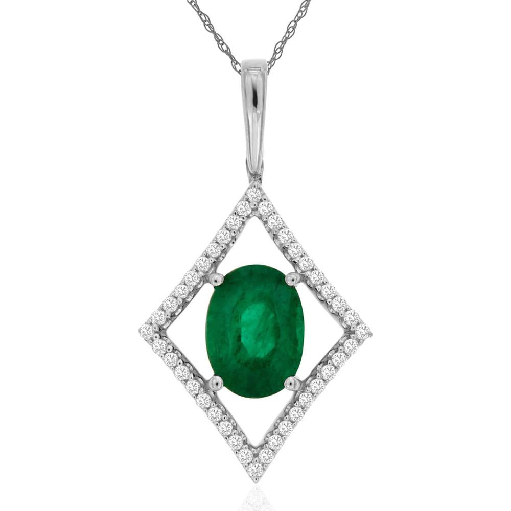 14K White Gold Emerald & Diamond Pendant - 1.15 Carats Total Gem Weight
