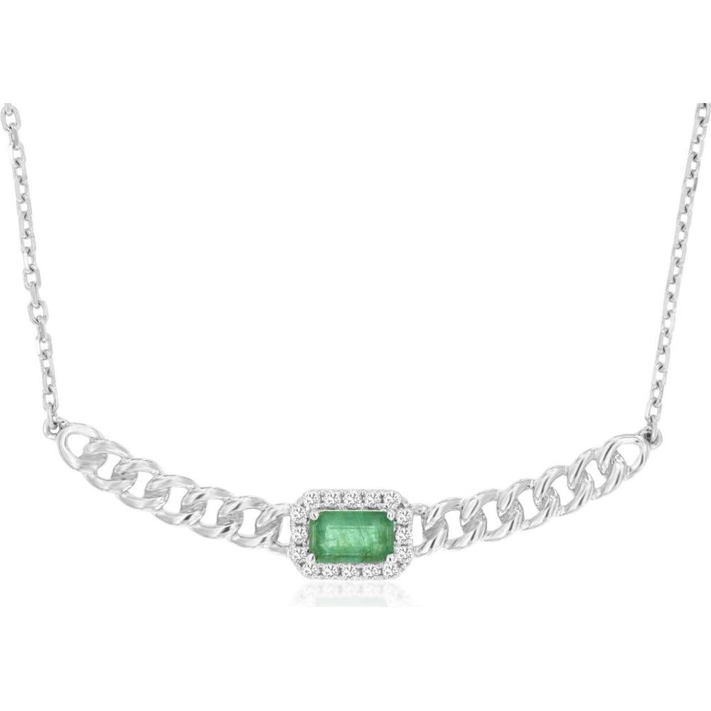 14K White Gold Emerald & Diamond Pendant Necklace with Milgrain Detail - 0.35 Carats Total Gemstone Weight