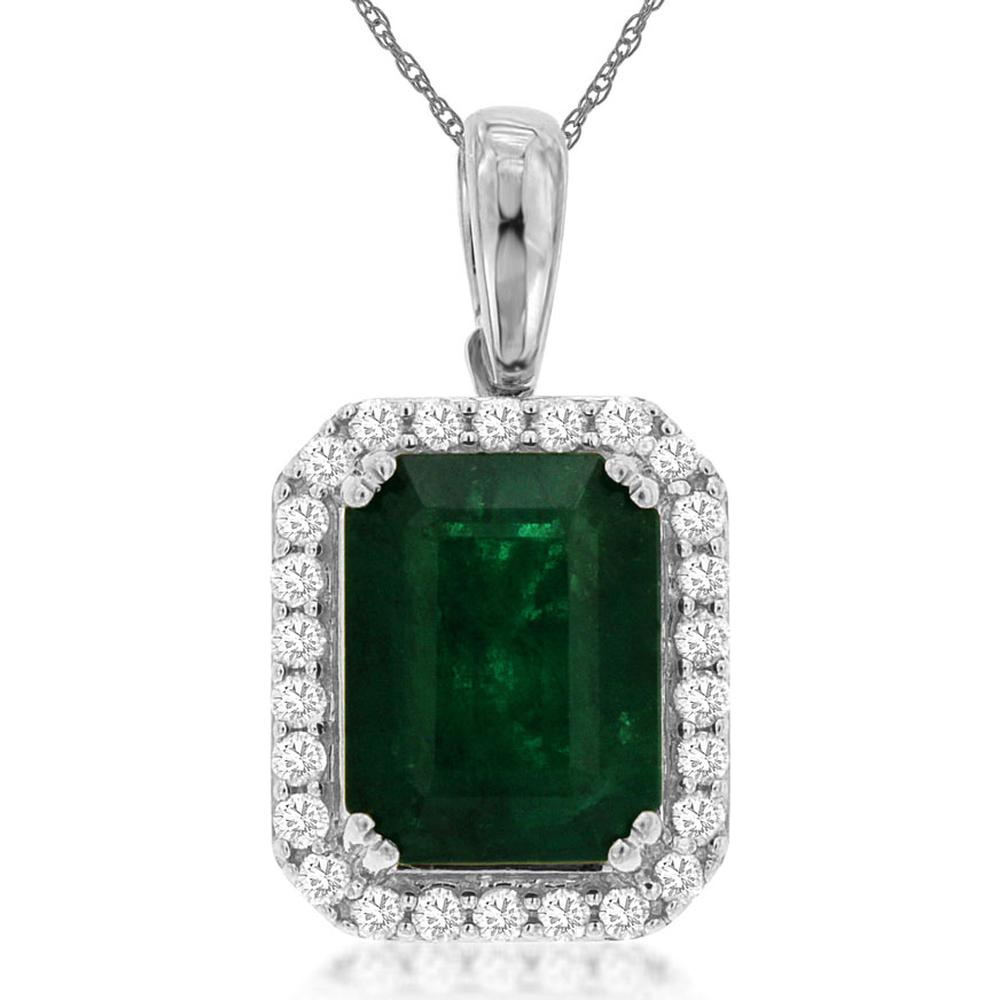 14K White Gold Emerald & Diamond Pendant with Emerald Cut Emerald - 2.15 Carats Total Emerald Weight, 0.20 Carats Total Diamond Weight