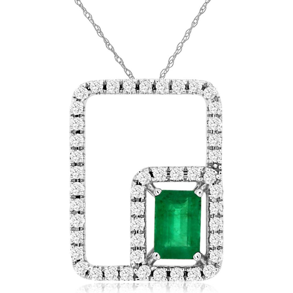 14K White Gold Emerald & Diamond Pendant with Halo - 0.55 Carats Emerald, 0.33 Carats Total Diamond Weight