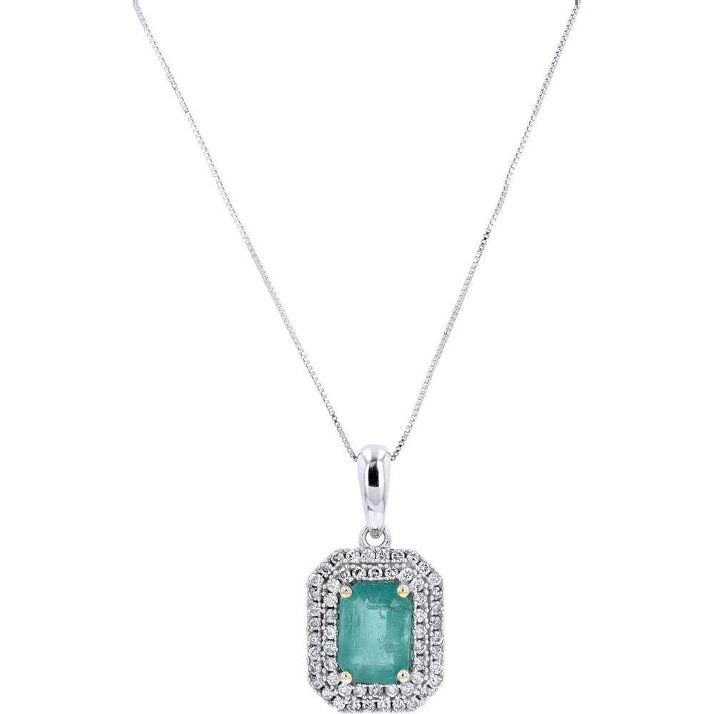 14K White Gold Emerald and Diamond Rectangle Halo Pendant - 1/4 Carat Total Diamond Weight