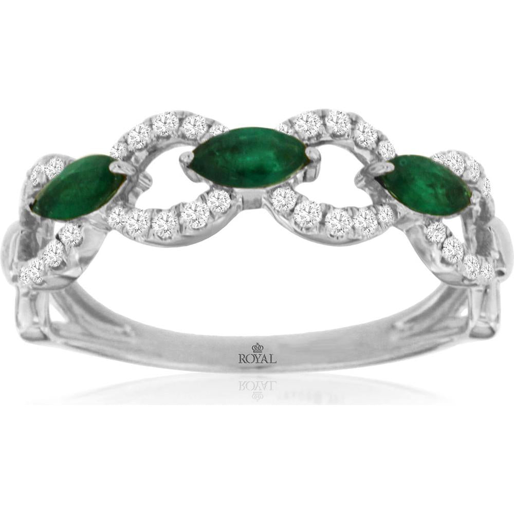 14K White Gold Emerald & Diamond Ring with Marquise-Cut Emeralds and Diamond Halo - 0.80 Carats Total Gemstone Weight