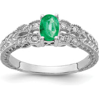 14K White Gold Emerald and Diamond Ring with Milgrain Detail and Oval Emerald - 0.42 Carat Total Gem Weight by Monteluci Fine Jewelry