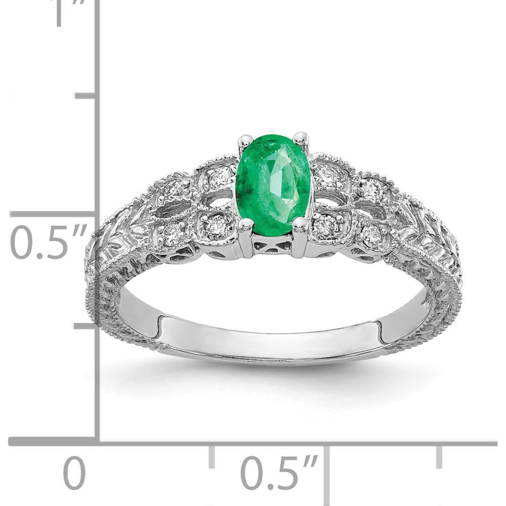 14K White Gold Emerald and Diamond Ring with Milgrain Detail and Oval Emerald - 0.42 Carat Total Gem Weight by Monteluci Fine Jewelry