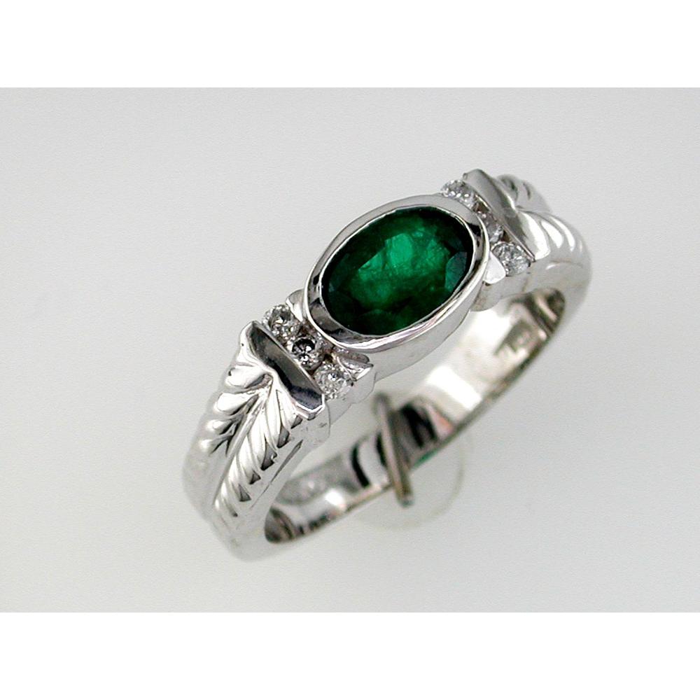 14K White Gold Emerald & Diamond Ring with Oval Cut Emerald - 0.65 Carats Emerald, 0.12 Carats Total Diamond Weight