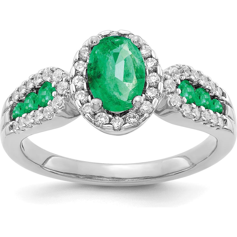 14K White Gold Emerald and Diamond Ring with Oval Emerald - 0.73 Carat Emerald Weight, 0.14 Carat Total Diamond Weight by 0