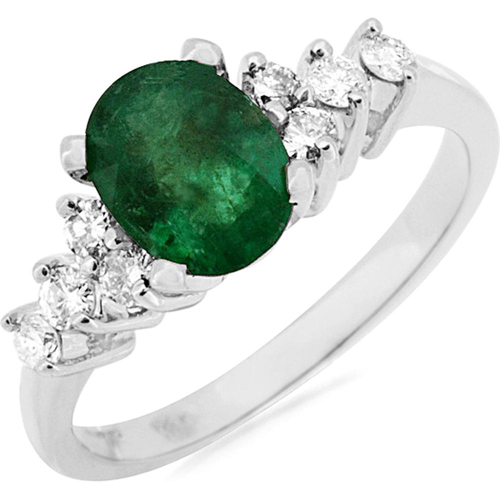 14K White Gold Emerald & Diamond Ring with Oval Emerald and Round Diamonds - 1.45 Carats Total Gem Weight