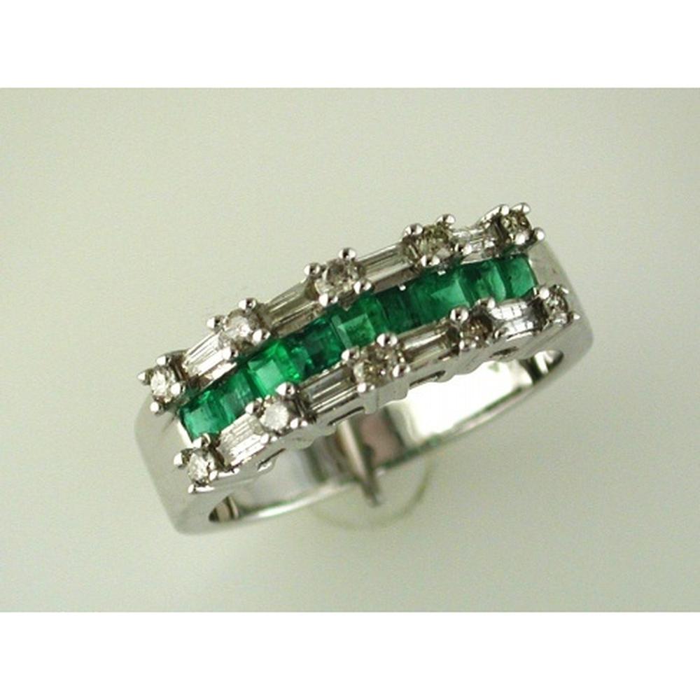 14K White Gold Emerald and Diamond Ring with Princess Cut Emeralds and Baguette Diamonds - 0.60 Carat Emerald Total Weight, 0.45 Carat Diamond Total Weight - Royal Jewelry