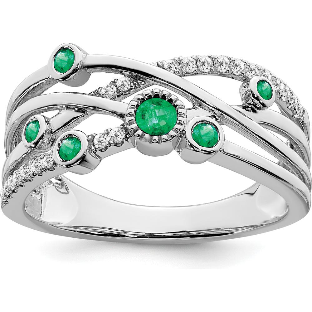 14K White Gold Emerald and Diamond Ring with Round Stones - 0.12 Carat Total Gem Weight by 0