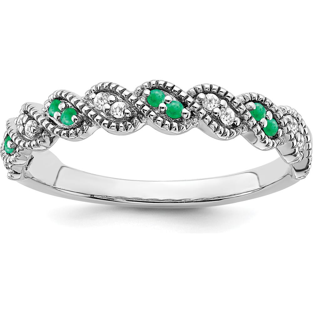 14K White Gold Emerald and Diamond Twist Band - 0.08 Carat Total Emerald and Diamond Weight by 0