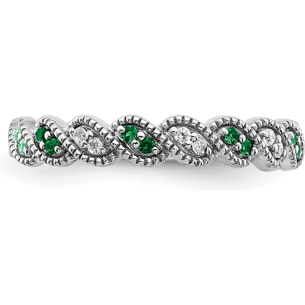 14K White Gold Emerald and Diamond Twist Band - 0.08 Carat Total Emerald and Diamond Weight by 0