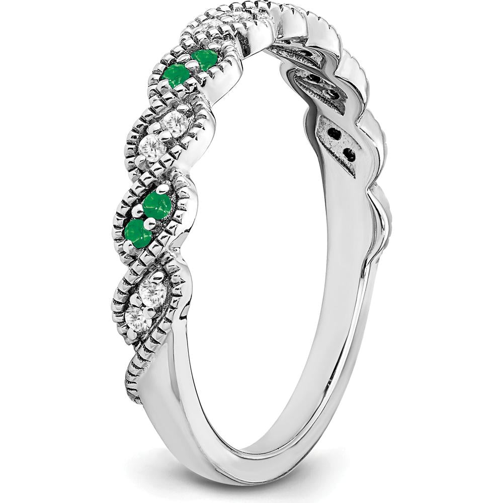 14K White Gold Emerald and Diamond Twist Band - 0.08 Carat Total Emerald and Diamond Weight by 0