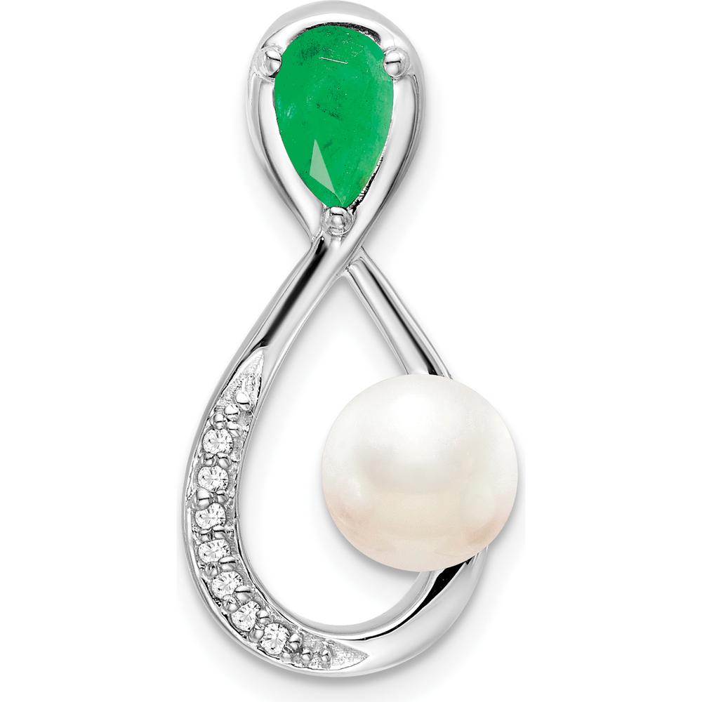 14K White Gold Emerald and Freshwater Cultured Pearl Infinity Pendant with Diamonds - 1.455 Carat Total Pearl Weight, 0.52 Carat Total Emerald Weight by Lumare Gioia