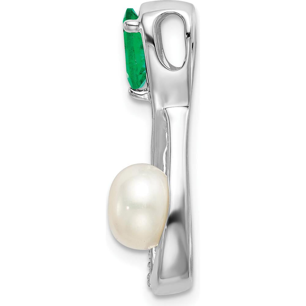 14K White Gold Emerald and Freshwater Cultured Pearl Infinity Pendant with Diamonds - 1.455 Carat Total Pearl Weight, 0.52 Carat Total Emerald Weight by Lumare Gioia