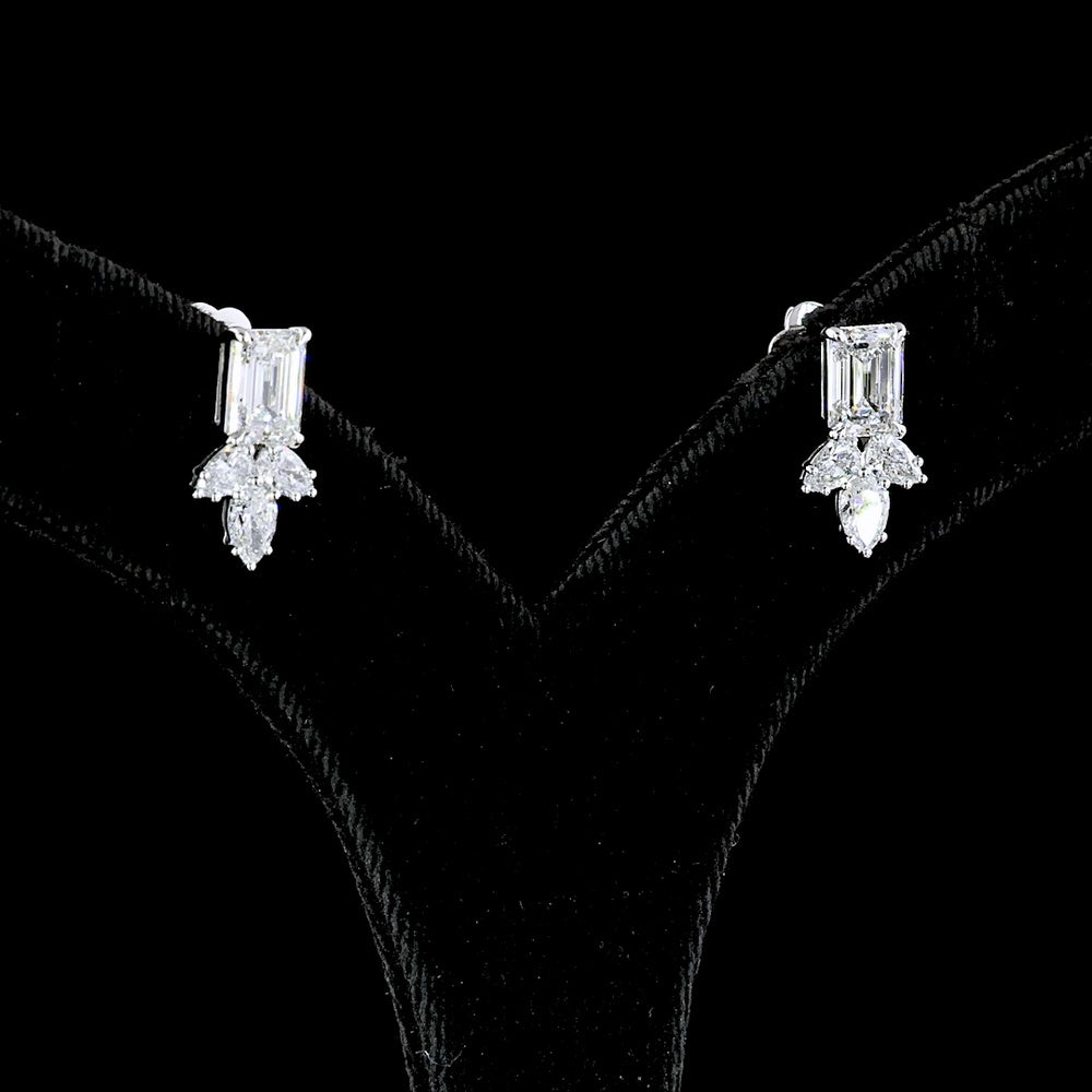 14K White Gold Emerald and Pear-Shape Lab Diamond Hanging Earrings - 2.96 Carats Total Diamond Weight - Covaloro Fine Jewelry