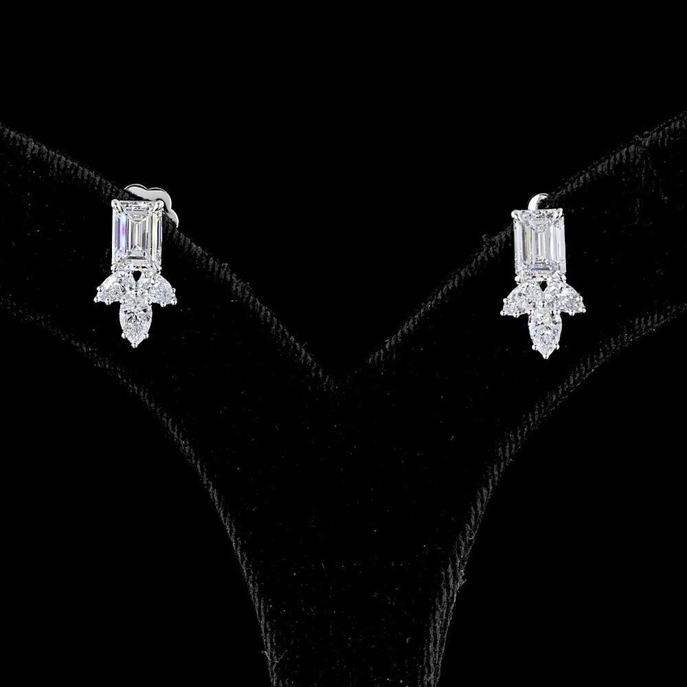 14K White Gold Emerald and Pear-Shape Lab Diamond Hanging Earrings - 2.96 Carats Total Diamond Weight - Covaloro Fine Jewelry