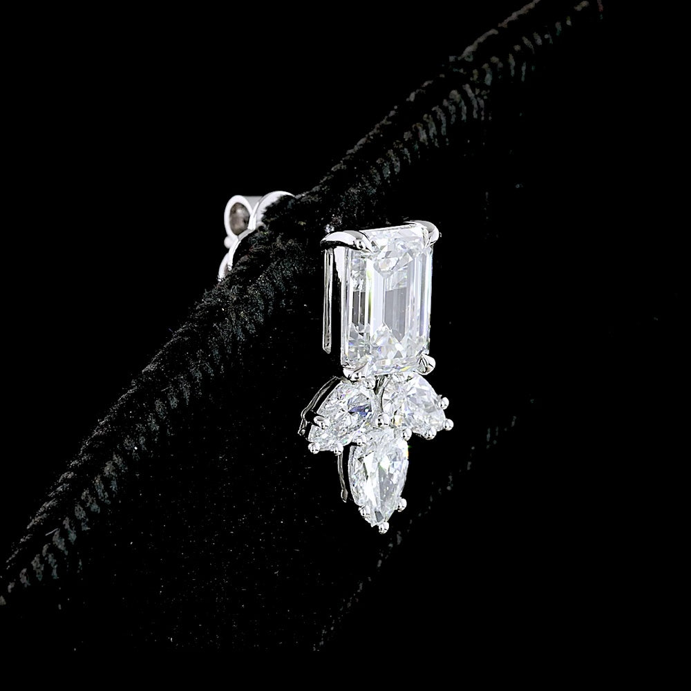 14K White Gold Emerald and Pear-Shape Lab Diamond Hanging Earrings - 2.96 Carats Total Diamond Weight - Covaloro Fine Jewelry