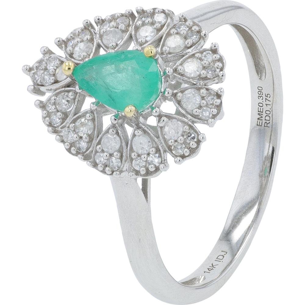 14K White Gold Emerald Center Ring with Diamond Accents - 0.39 Carat Total Gem Weight