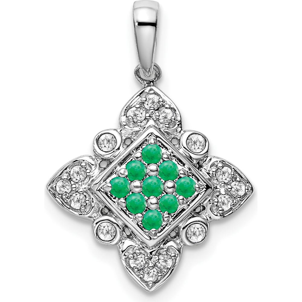 14K White Gold Emerald Cluster and Diamond Vintage Pendant - 0.17 Carat Total Diamond Weight, 0.153 Carat Total Emerald Weight by Lumare Gioia