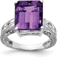 14K White Gold Emerald Cut Amethyst and Diamond Ring with 5.1 Carat Amethyst and 0.017 Carat Diamond Accents by Monteluci Fine Jewelry