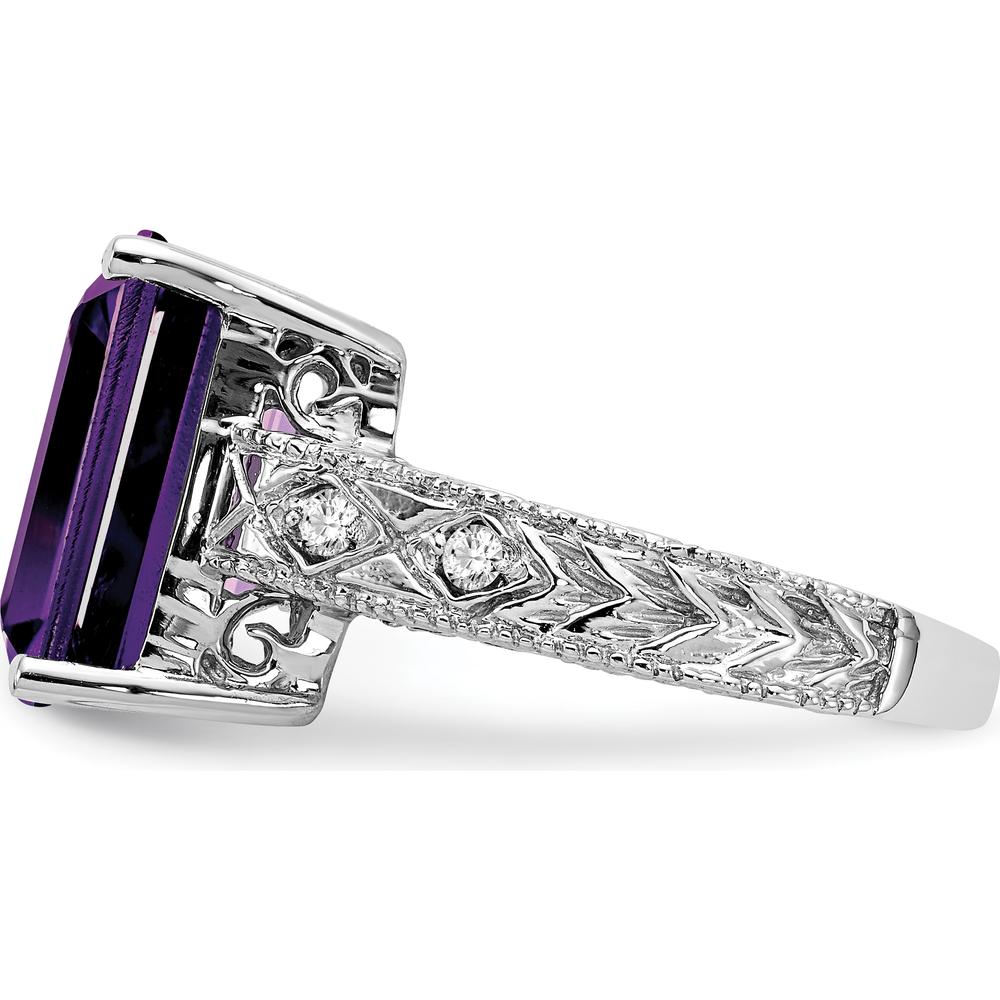 14K White Gold Emerald Cut Amethyst and Diamond Ring with 5.1 Carat Amethyst and 0.017 Carat Diamond Accents by Monteluci Fine Jewelry
