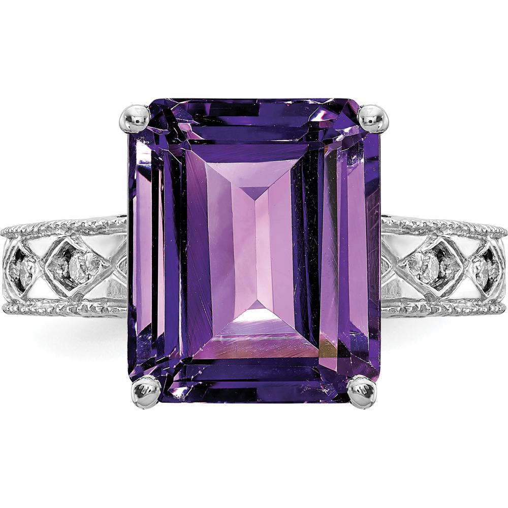 14K White Gold Emerald Cut Amethyst and Diamond Ring with 5.1 Carat Amethyst and 0.017 Carat Diamond Accents by Monteluci Fine Jewelry