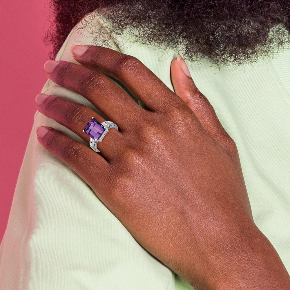 14K White Gold Emerald Cut Amethyst and Diamond Ring with 5.1 Carat Amethyst and 0.017 Carat Diamond Accents by Monteluci Fine Jewelry