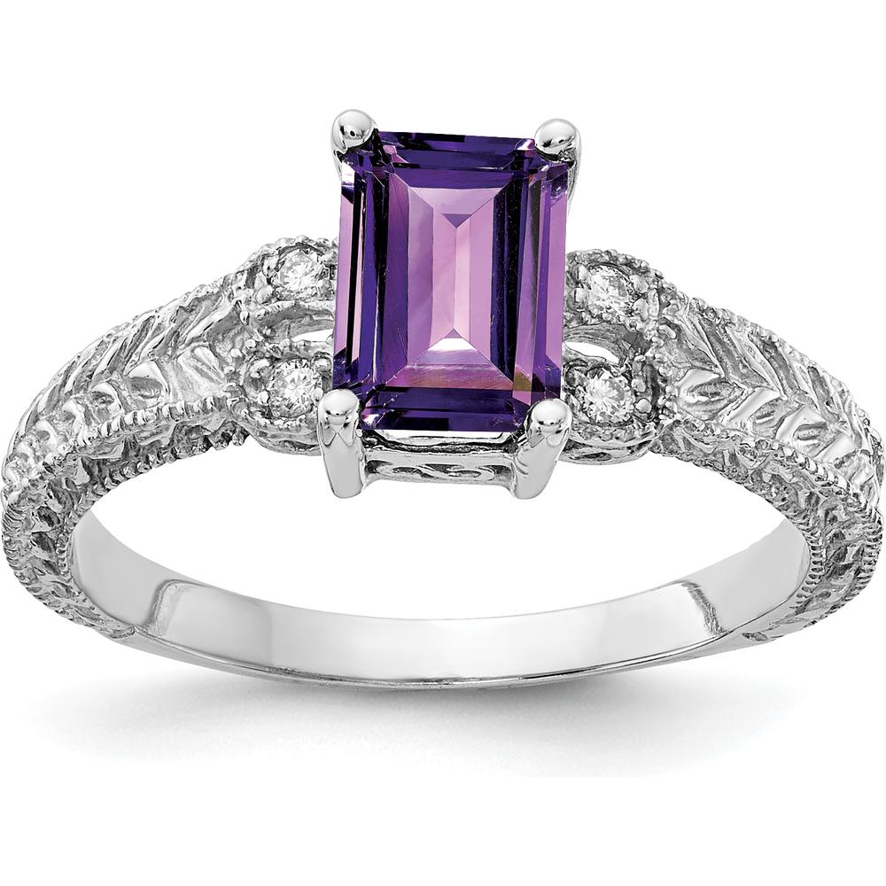 14K White Gold Emerald-Cut Amethyst and Diamond Ring with Vintage Milgrain Detail - 0.94 Carat Total Gem Weight by Monteluci Fine Jewelry