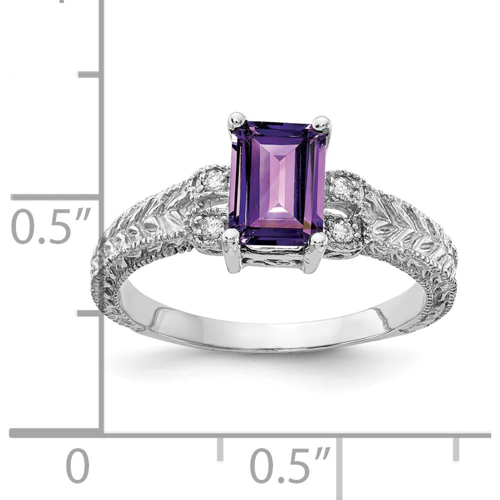 14K White Gold Emerald-Cut Amethyst and Diamond Ring with Vintage Milgrain Detail - 0.94 Carat Total Gem Weight by Monteluci Fine Jewelry