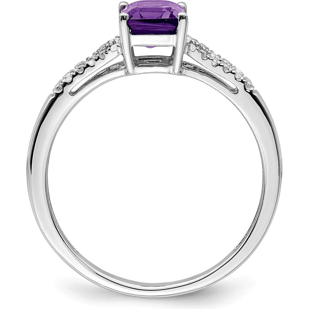 14K White Gold Emerald-Cut Amethyst Ring with Round Diamond Accents - 0.931 Carat Amethyst and 0.06 Carat Total Diamond Weight by 0