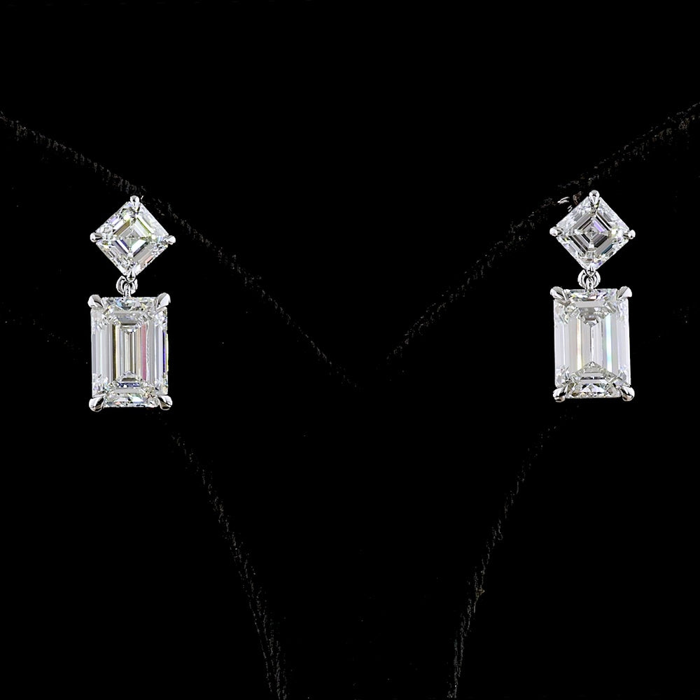 14K White Gold Emerald Cut and Asscher Cut Lab Diamond Hanging Earrings - 8.21 Carats Total Diamond Weight - Covaloro Fine Jewelry