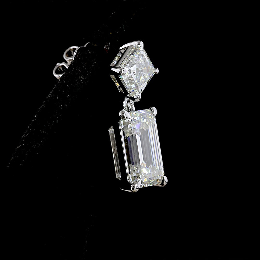 14K White Gold Emerald Cut and Asscher Cut Lab Diamond Hanging Earrings - 8.21 Carats Total Diamond Weight - Covaloro Fine Jewelry