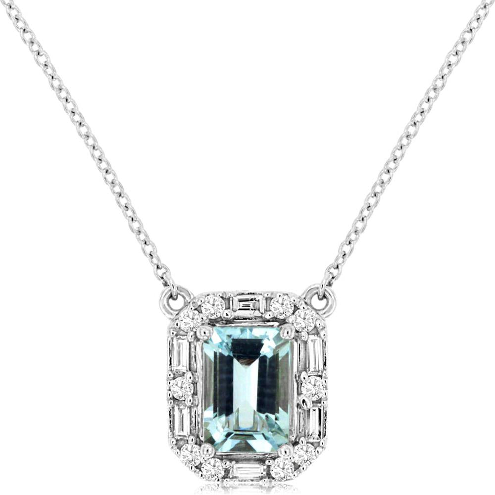 14K White Gold Emerald-Cut Aquamarine and Baguette & Round Diamond Halo Pendant Necklace - 0.90 Carat Aquamarine, 0.19 Carat Diamond Total Weight - Royal Jewelry