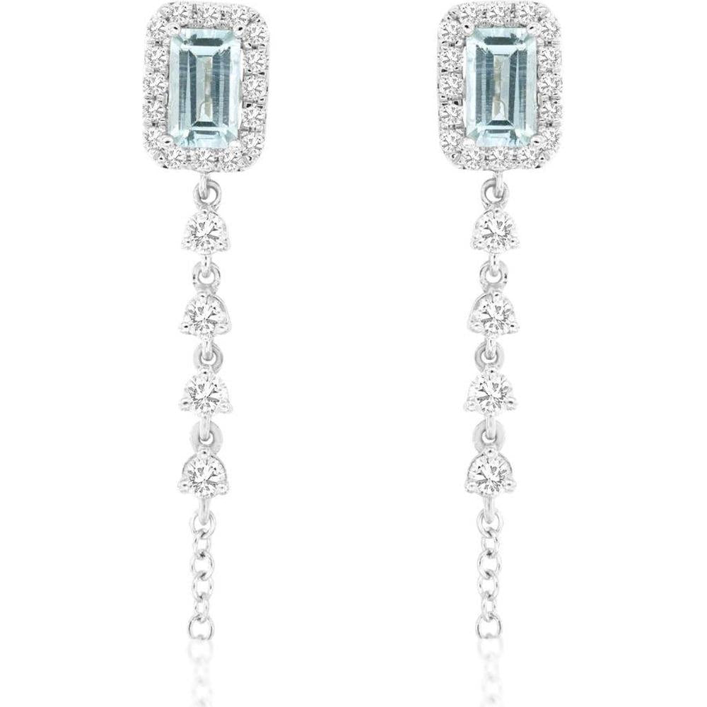 14K White Gold Emerald Cut Aquamarine and Diamond Drop Earrings with Halo Setting - 0.70 Carat Aquamarine Total Weight, 0.40 Carat Diamond Total Weight - Royal Jewelry