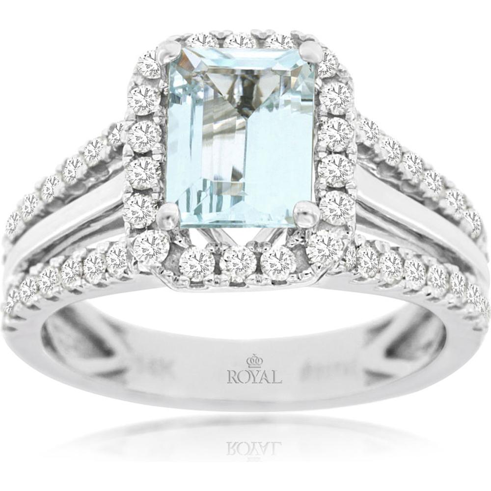14K White Gold Emerald Cut Aquamarine and Diamond Halo Ring - 1.40 Carat Aquamarine and 0.70 Carat Total Diamond Weight - Royal Jewelry