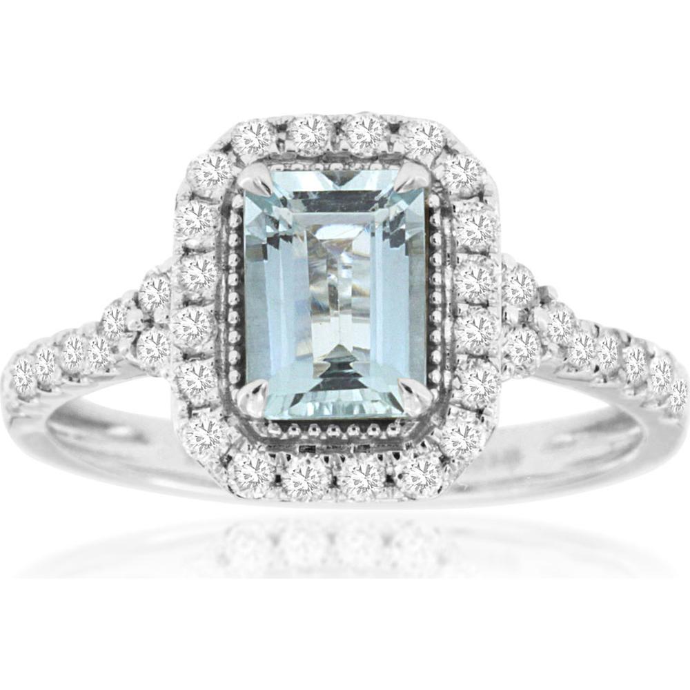 14K White Gold Emerald Cut Aquamarine and Diamond Halo Ring with Split Shank Pavé Band - 0.86 Carat Aquamarine, 0.46 Carat Total Diamond Weight - Royal Jewelry