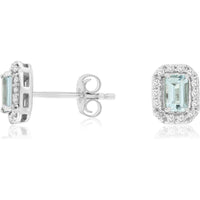 14K White Gold Emerald-Cut Aquamarine and Diamond Halo Stud Earrings - 0.46 Carat Total Aquamarine Weight and 0.20 Carat Total Diamond Weight - Royal Jewelry