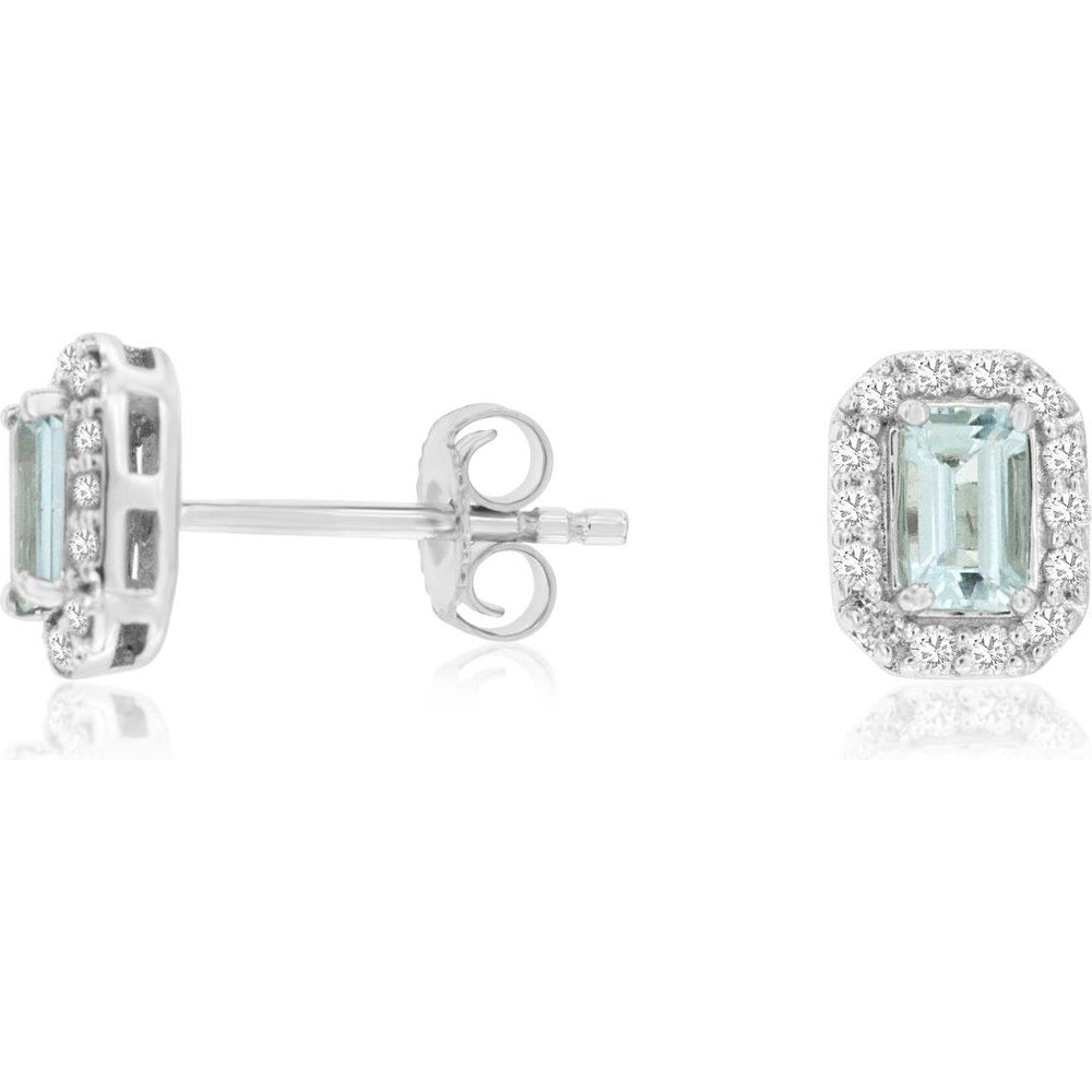 14K White Gold Emerald-Cut Aquamarine and Diamond Halo Stud Earrings - 0.46 Carat Total Aquamarine Weight and 0.20 Carat Total Diamond Weight - Royal Jewelry