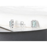14K White Gold Emerald-Cut Aquamarine and Diamond Halo Stud Earrings - 0.46 Carat Total Aquamarine Weight and 0.20 Carat Total Diamond Weight - Royal Jewelry