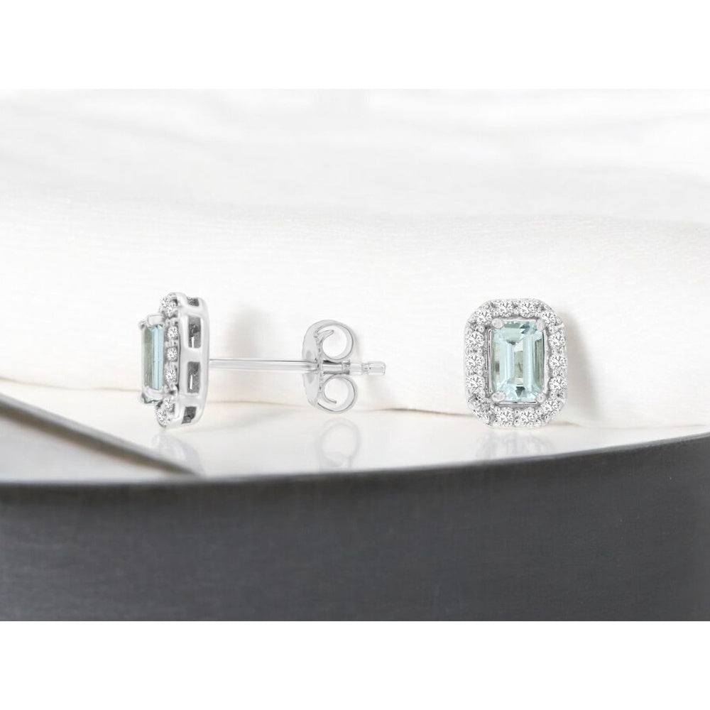 14K White Gold Emerald-Cut Aquamarine and Diamond Halo Stud Earrings - 0.46 Carat Total Aquamarine Weight and 0.20 Carat Total Diamond Weight - Royal Jewelry