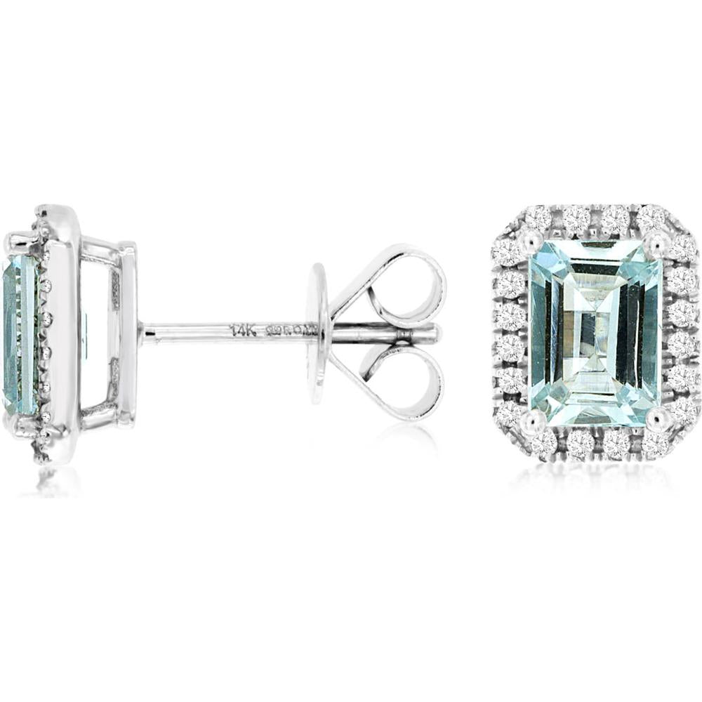 14K White Gold Emerald Cut Aquamarine and Diamond Halo Stud Earrings - 1.75 Carat Total Aquamarine Weight, 0.20 Carat Total Diamond Weight - Royal Jewelry