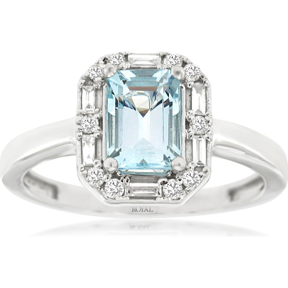 14K White Gold Emerald Cut Aquamarine Ring with Baguette and Round Diamond Halo - 0.90 Carat Aquamarine, 0.19 Carat Diamond Total Weight - Royal Jewelry