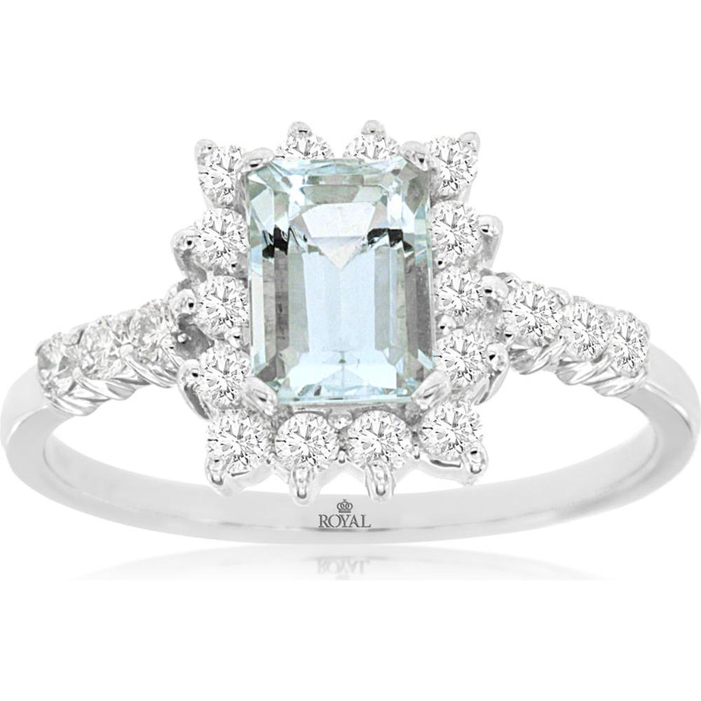14K White Gold Emerald-Cut Aquamarine Ring with Diamond Halo - 0.87 Carat Aquamarine & 0.50 Carat Total Diamond Weight - Royal Jewelry