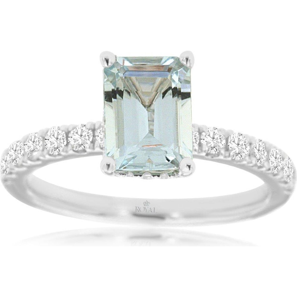 14K White Gold Emerald-Cut Aquamarine Ring with Round Diamond Accents - 1.45 Carat Aquamarine and 0.50 Carat Total Diamond Weight - Royal Jewelry