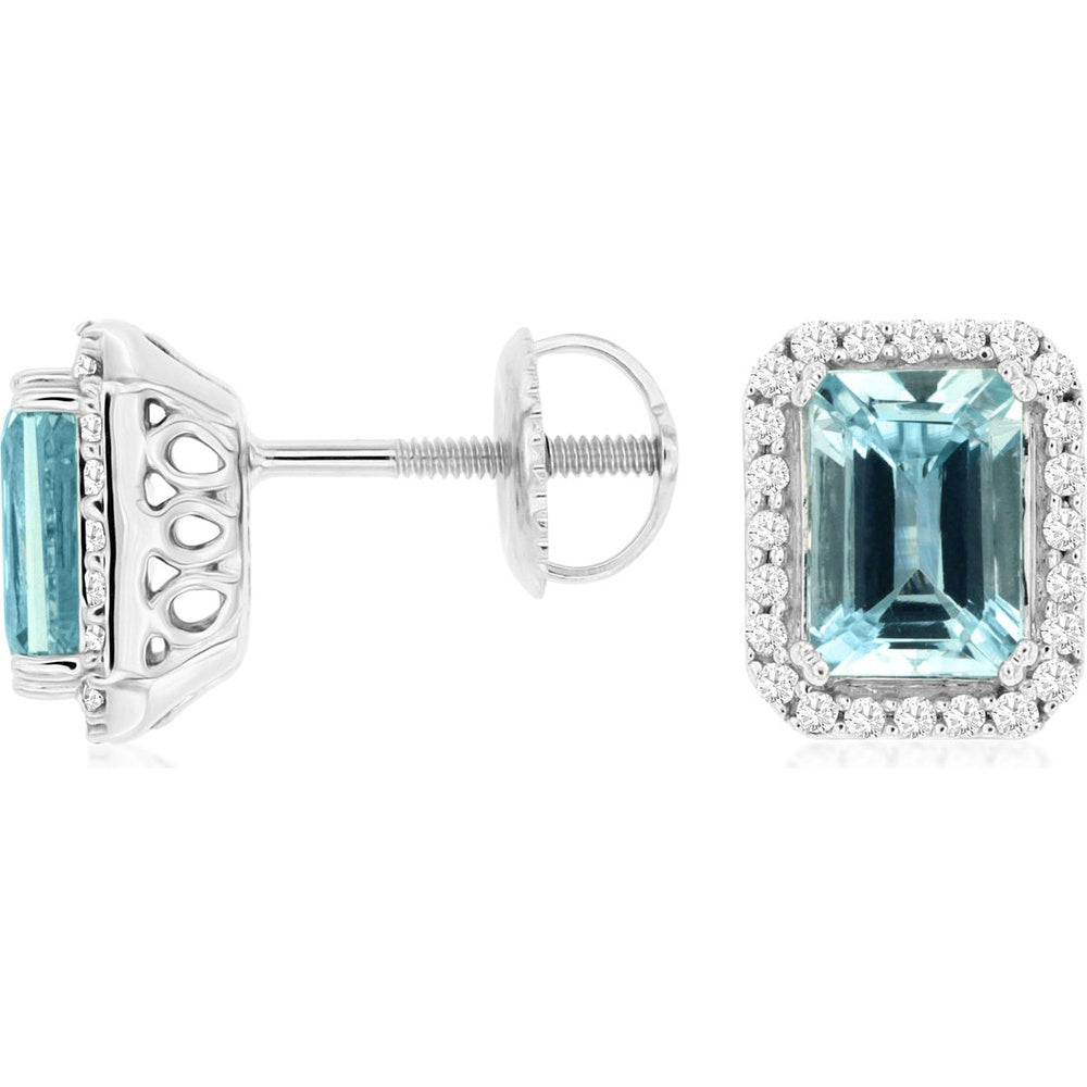 14K White Gold Emerald-Cut Aquamarine Stud Earrings with Diamond Halo - 1.75 Carat Total Aquamarine Weight and 0.20 Carat Total Diamond Weight - Royal Jewelry