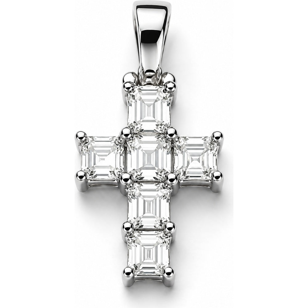 14K White Gold Emerald Cut Diamond Cross Pendant - 1.20 Carat Total Diamond Weight by Auriventus