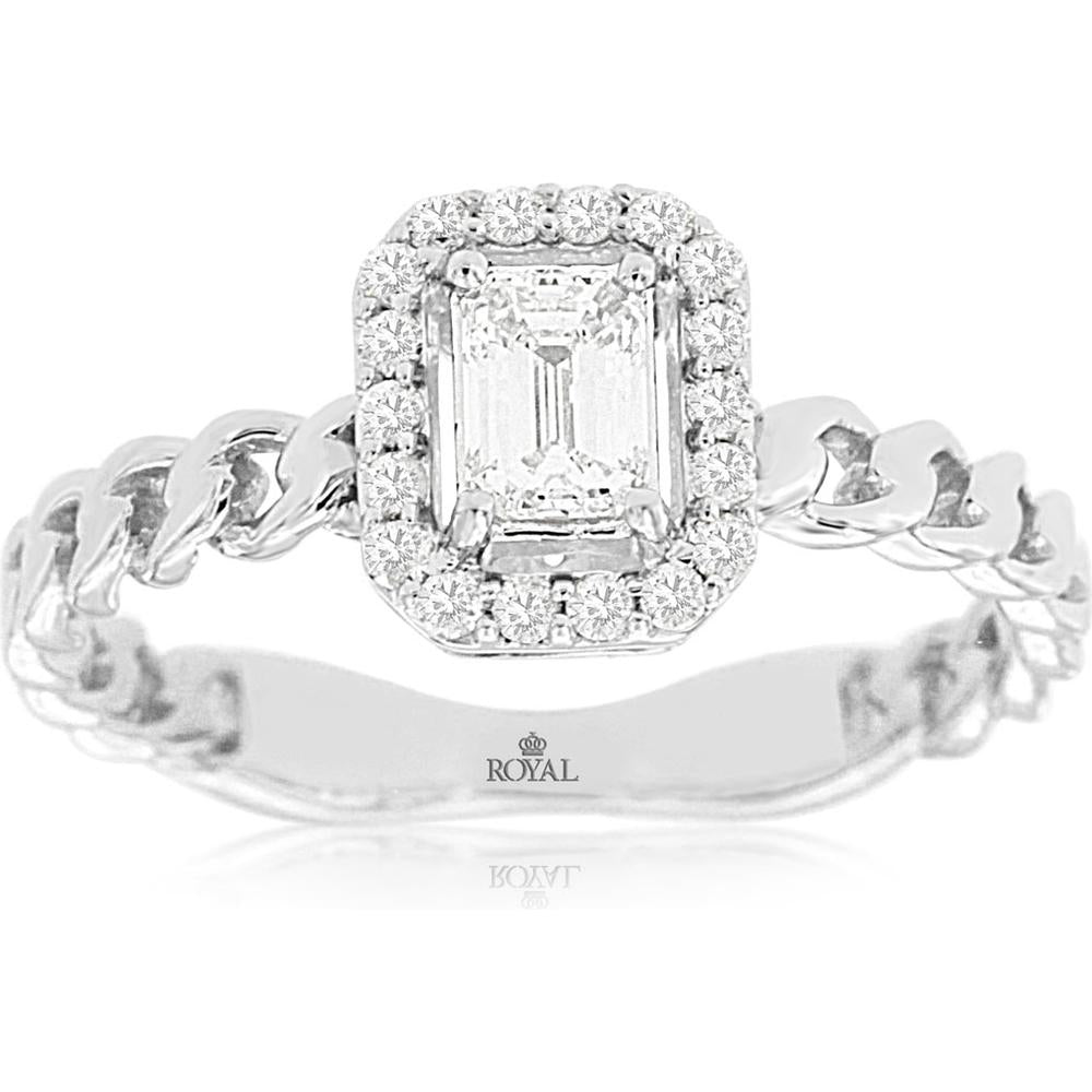 14K White Gold Emerald Cut Diamond Engagement Ring with Baguette and Round Diamond Halo Accents - 0.45 Carat Total Diamond Weight - Royal Jewelry